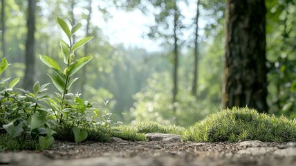 Obraz premium Serene forest scene with lush greenery and sunlight filtering through the trees.