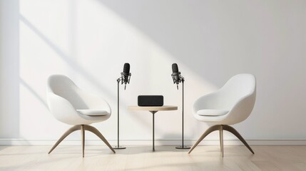 Two modern chairs facing each other with a small table in between, holding two microphones and a compact speaker, set in a bright minimalist studio