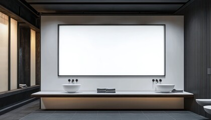 Fototapeta premium Japandi bathroom with sleek fixtures and empty white frame.
