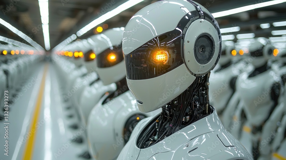 Poster rows of futuristic robots in a factory.