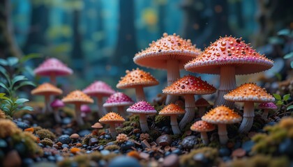 Colorful Mushrooms Growing in Forest Ground with Moss and Stones