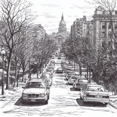 Urban Traffic Illustrated in Black and White Sketch