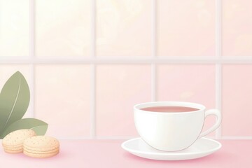Tea Cup with Macarons and Soft Background in Pastel Colors