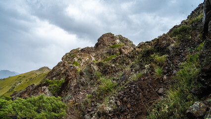Fototapeta premium rocky mountain peaks in the clouds. cloud cover in the mountains