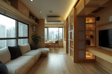 Modern minimalist living room with integrated storage.  A spacious, light-filled apartment with a warm, wooden aesthetic.  Built-in cabinetry and