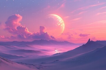 Fototapeta premium look on a striking sight of a bare zone where heavenly body ascends proudly washing sky with a bold clash of coral shades and golden rays while gracing arid mounds 