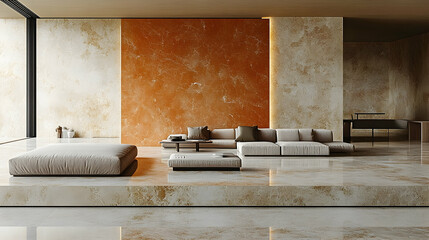 Modern minimalist living room with neutral tones and an accent wall