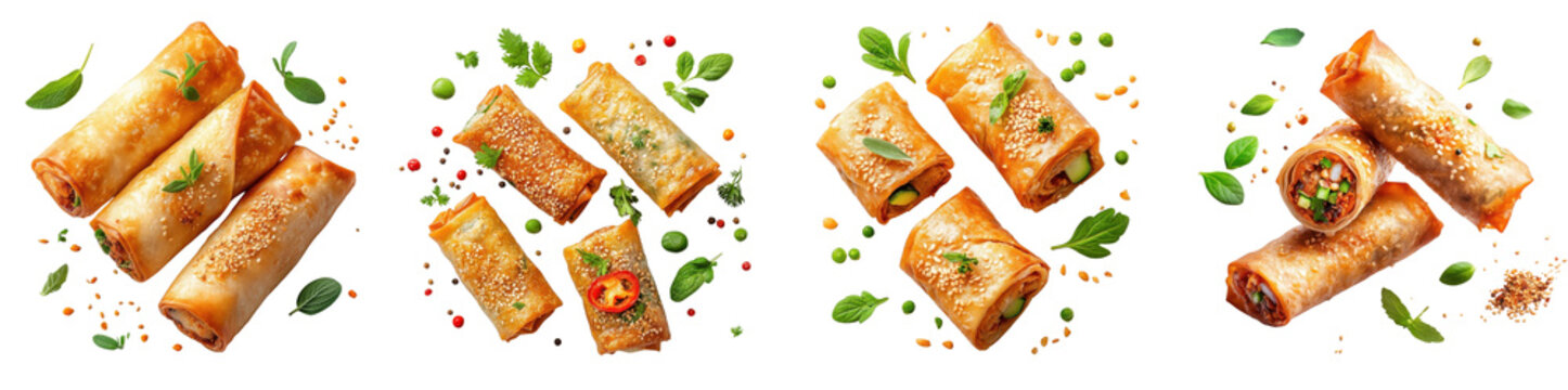 Spring rolls flying, spices and herbs, isolate on white background. set cutout png.