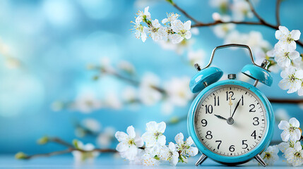 Spring forward. Time change in spring. Daylight saving time. Vintage alarm clock with tiny white spring blooming tree branches flowers. Clock turn forward one hour in spring