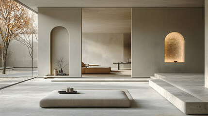 Modern minimalist spa interior with zen garden views