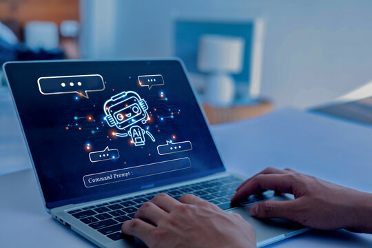 Businessman show hologram graphic AI chat on screen virtual. Showcasing the genius of advanced technology, Chat with AI, Artificial Intelligence, Conversation assistant, Chat AI, transformation
