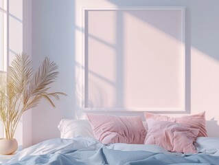 Japandi bedroom with soft tones and a white gradient frame.