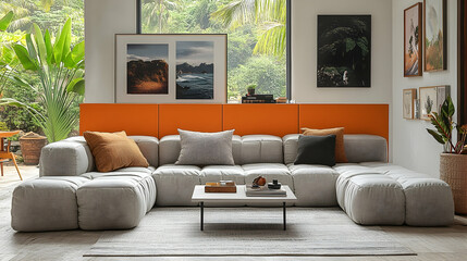 Modern modular sectional sofa in a bright, tropical-inspired living room.  Large windows, lush greenery, and statement art adorn the space