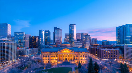 Obraz premium Denver skyline at dawn, illuminated city buildings, vibrant colors, and a clear sky