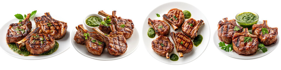 Grilled lamb chops splashing, green chutney sauce, isolate on white background. set cutout png.