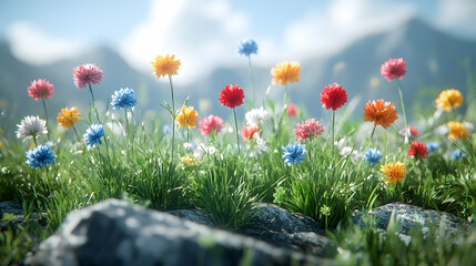Obraz premium Colorful wildflowers on a grassy hillside with mountains in the background