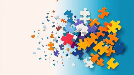 A hand-drawn sketch of puzzle pieces scattering into a breeze