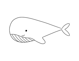 Obraz premium Cute smiling whale, line sea animal doodle illustration for children. Vector nautical drawing for coloring book