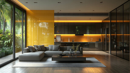 Modern open-plan living area with a bold yellow accent wall, dark cabinets, and sliding glass doors