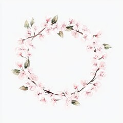 Fototapeta premium Pink apple and cherry blossoms are arranged in a round floral wreath, painted in watercolor for a postcard