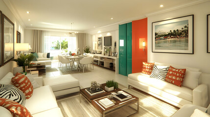 Modern open-plan living area with dining and kitchen.  Bright, airy, and stylish contemporary interior design