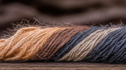 Fototapeta premium Close-up of multicolored yarn twisted together on wooden surface