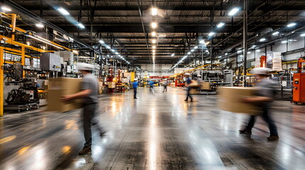 Workers carrying boxes in a busy industrial factory