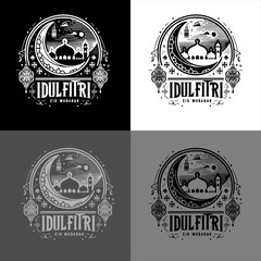 Stylish Idul Fitri Eid Mubarak logo featuring an Islamic crescent, mosque, and lantern in an elegant monochrome design. Perfect for greeting cards, branding, and festive decorations.