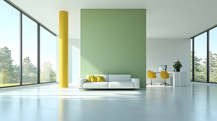 Modern open-plan living area with vibrant accents