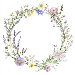 Obraz premium Watercolor illustration of a wreath featuring an assortment of hand drawn flowers in multiple colors