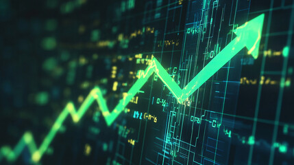 Green arrow pointing upward on financial graph. Business growth chart with rising trend line. Digital stock market data visualization for investment analysis