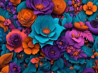 Blue, violet, and yellow paper flowers are the focal point of a digital illustration and 3D render, used to create a spring or summer inspired wallpaper with floral design elements
