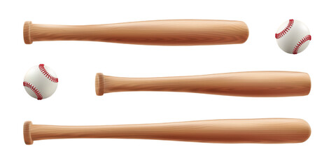 Basebal wooden bat and leather glove. 3d ball vector with line of red lace stiches. Vintage sport game mockup. Wood stick tool, pitcher white softball realistic seams. Brown mitt major team emblem