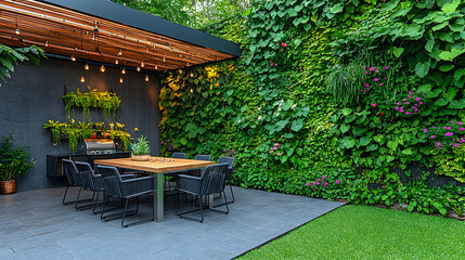 Obraz premium Modern outdoor dining area with lush greenery and a pergola
