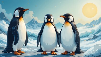 Fototapeta premium Penguins Standing on Snowy Landscape Under the Shining Sun at Winter