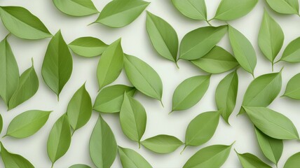 Fresh green leaves scattered on white background, creating a natural and refreshing pattern.