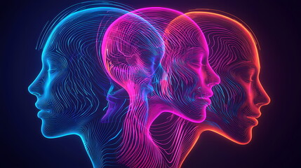 Neon lights shaping three human female heads in profile, artificial intelligence concept