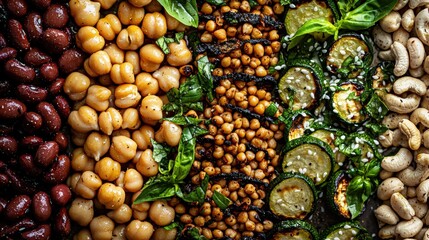 Vibrant Roasted Vegetables and Legumes Medley, symbolizing healthy eating and wholesome nutrition. Perfect for food blogs, recipe websites, cookbook covers, and restaurant menus.