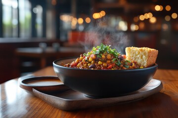 Hot and Delicious Vegetable Chili with Cornbread in Rustic Setting