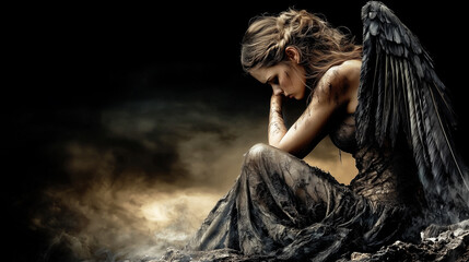 A fallen angel with dark wings sits in despair, covered in ash and dirt. Her tattered dress blends into the smoky ground, creating a haunting and powerful scene.