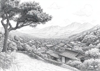 Fototapeta premium Rural Japanese Village with Large Deciduous Tree and Mountains