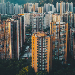 Obraz premium Dense urban high-rise apartment buildings clustered together in a city landscape, showcasing residential architecture