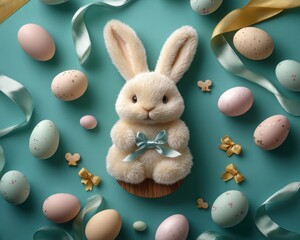 Top view of a soft fur-textured Easter bunny figurine symmetrically surrounded by pastel-colored eggs and silk ribbons wooden base solid teal background