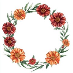 Obraz premium Marigold flowers are depicted in a hand drawn watercolor frame