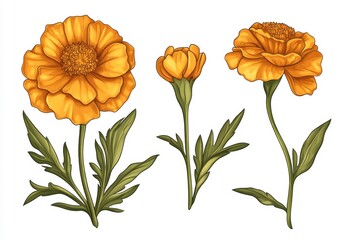 Naklejka premium The flowers Tagetes patula and Tagetes erecta, also known as the French marigold and the Mexican marigold, including the red marigold, are garden flowering plants that have been illustrated in a hand
