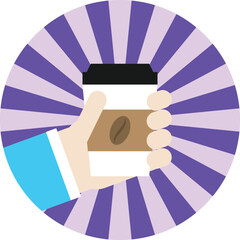 Hand Holding a Coffee on a Blue Sunburst