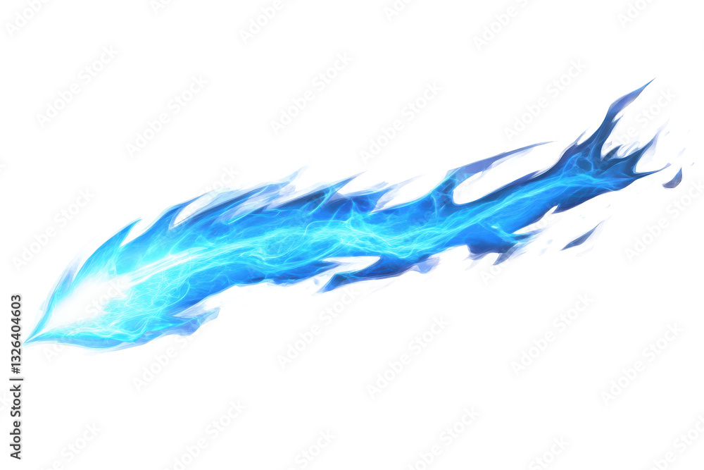 Poster a bright blue energy streak with a pointed tip and flowing tail against a white isolated background 