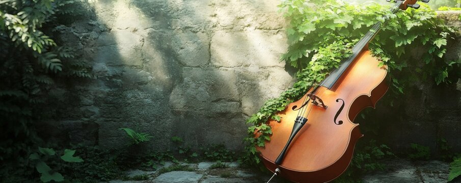 A weathered stone wall embraces a cello surrounded by greenery