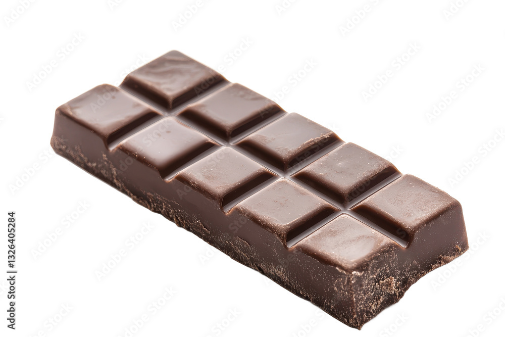 Poster a single bar of dark chocolate with visible squares on a white background casting a soft shadow on t