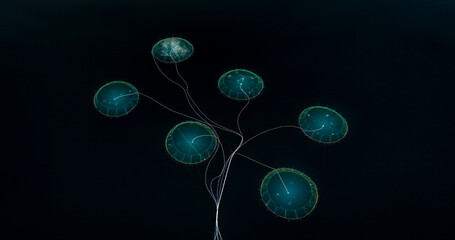 Aerial view of abstract salmon farm with circular patterns in dark water, Sorstraumen, Troms, Norway.